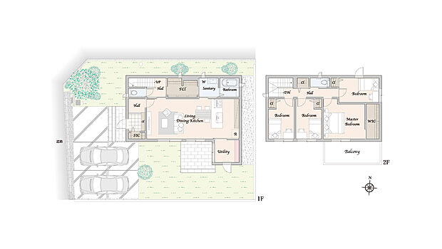 【4LDK＋WIC】主な設備：太陽光発電システム 5.56kW、蓄電池 13.2kWh

※掲載の間取り・外構・植栽等は図面を基に書き起こしたもので、実際と異なる場合があります。
※間取りに記載された家具類、自動車等は、一部を除き販売価格には含まれません。