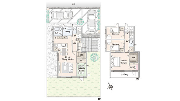 【4LDK+ウォークインクローゼット+書斎】※外構・植栽は実際と異なる場合があります。自動車、自転車は販売価格に含まれません。間取りに記載された家具類は一部を除き販売価格に含まれません。