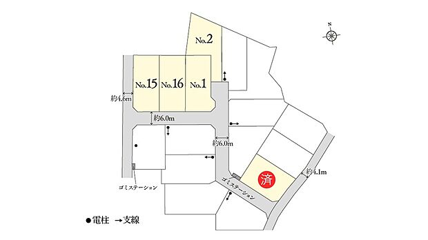 ※電柱計画は変更になる可能性があります。異なる場合は現況を優先とさせていただきます。
※掲載の区画図は設計図面を基に書き起こしたもので、実際と異なる場合があります。異なる場合は現況を優先とさせていただきます。
※方位記号は若干の差異を生じる場合があります。
※確定測量の結果、誤差が生じた場合は精算いたしません。
※坪数は1m2=0.3025坪、小数点第3位以下は切り捨てで計算しています。