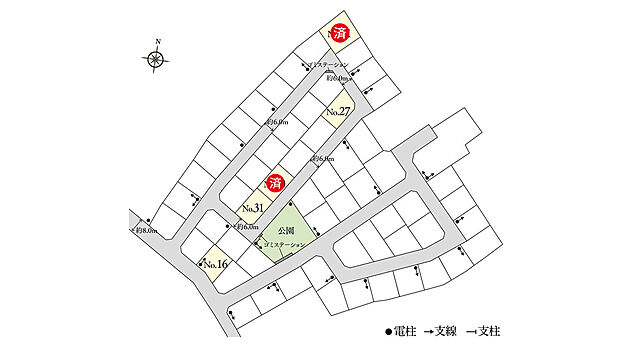 ※電柱計画は変更になる可能性があります。異なる場合は現況を優先とさせていただきます。
※掲載の区画図は設計図面を基に書き起こしたもので、実際と異なる場合があります。異なる場合は現況を優先とさせていただきます。
※方位記号は若干の差異を生じる場合があります。
※確定測量の結果、誤差が生じた場合は精算いたしません。
※坪数は1m2=0.3025坪、小数点第3位以下は切り捨てで計算しています。