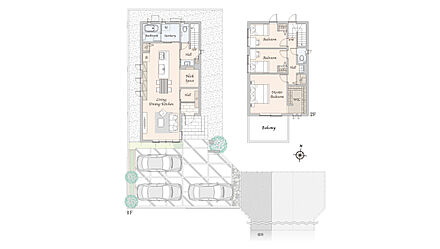 ※1 総面積214.52m2のうち、41.02m2を協定道路として提供
※2 外構・植栽は実際と異なる場合があります。自動車、自転車は販売価格に含まれません。間取りに記載された家具類は一部を除き販売価格に含まれません。 