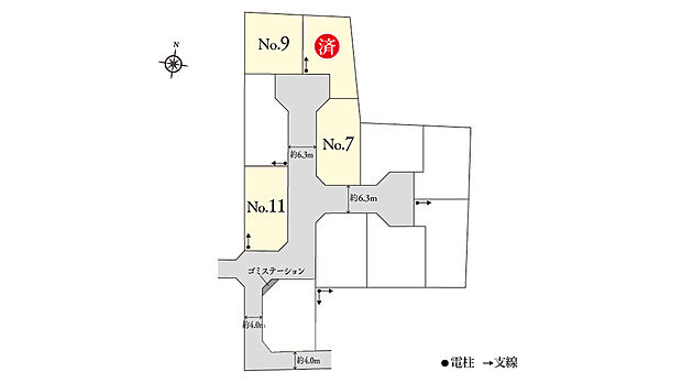 ※掲載の区画図は設計図面を基に書き起こしたもので、実際と異なる場合があります。異なる場合は現況を優先とさせていただきます。
※方位記号は若干の差異を生じる場合があります。
※確定測量の結果、誤差が生じた場合は精算いたしません。
※坪数は1m2=0.3025坪、小数点第3位以下は切り捨てで計算しています。