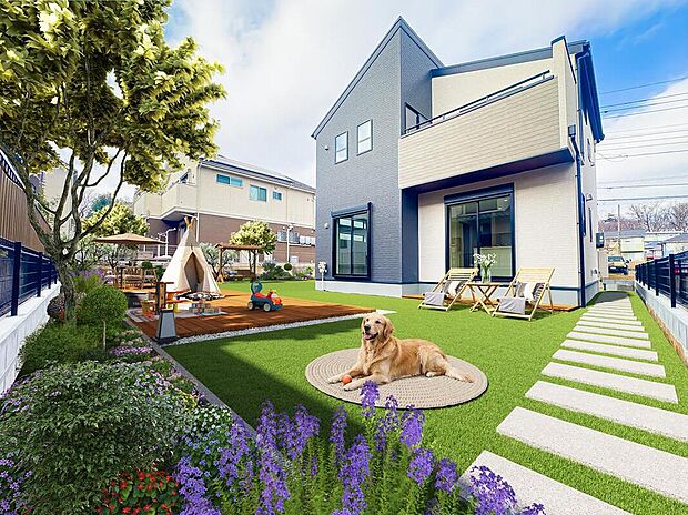 ドッグランが作れる程の広さを誇る、自慢のお庭スペース。野外用家具をレイアウトしたり、ガーデニングや家庭菜園をしたり、夏は子供用のプールを置いたりできます。(家具類や植物、動物はCG画像です)。