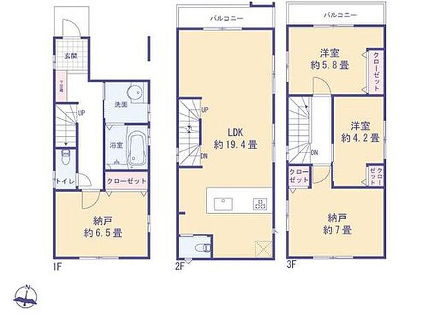 8980万円、2LDK+2S（納戸）、土地面積57.47m2、建物面積104.53m2 間取り図。