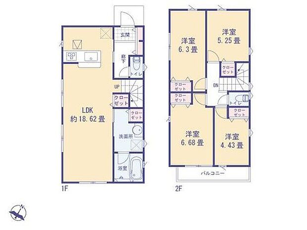 【4LDK】広々18.62畳のLDKは家族の笑顔を育む中心。2階の4つの洋室はお子様の成長に対応し、豊富な収納で快適な暮らしを実現。子育てファミリーに嬉しい2階建て間取り図です。