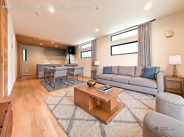 リビングに差し込む陽光が、家族みんなの笑顔を引き立ててくれる明るい空間です。(本画像はCGによる合成画像となります。家具は付属しておりません。)