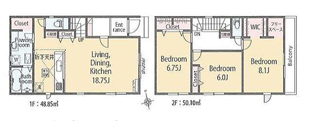 5480万円、3LDK、土地面積134.06m2、建物面積98.95m2 間取り図です。