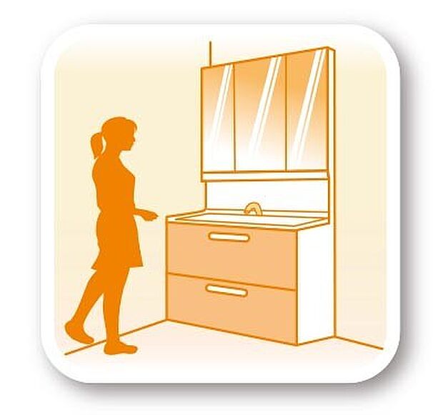 【独立洗面台】見た目の美しさだけではなく、機能性も追求した使い勝手の良い鏡裏収納付3面鏡型の独立洗面化粧台。広めで使いやすい、お手入れが楽なデザインのカウンターに収納豊富なキャビネット。