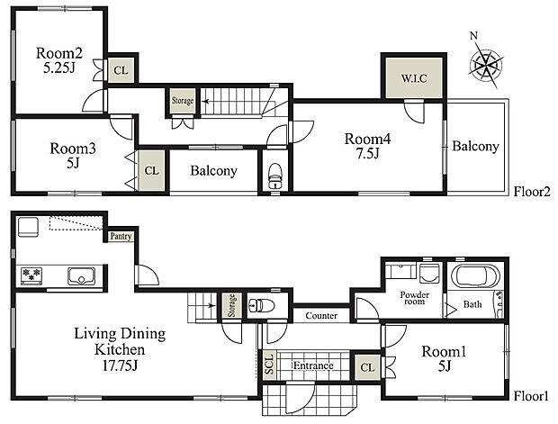 【区画図+建物プラン例】『No.5 建物プラン例』建物面積:95m2、建物価格:1870万円