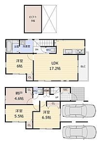 B号棟間取り（車庫面積9.93m2含む） 
