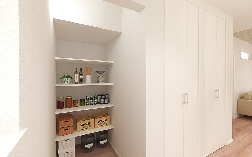 内観完成予想図（パントリー）
キッチン横の収納スペースは、食品のストックやスッキリ収納のお手伝いがで出来ます。