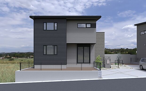 No.12│シックな色使いと石目調が放つ高級感。夜は照明の陰影が美しく、道路からの視線を気にせずリビングでゆったりと寛げる、大人のモダンスタイル。