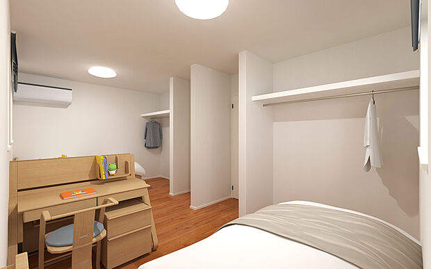 【No.12 イメージパース】2階の洋間は続間となっているため、お子さんが小さい時は広々使い、成長した時は2部屋に分けるなど、将来的に変更できる間取りです。