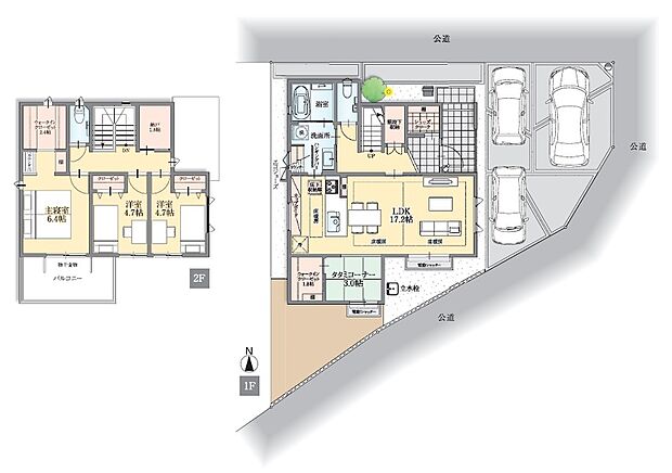 【４LDK】・駐車3台
・タタミコーナー完備
・回れる家事動線
※第3次分譲：床暖房搭載、浴室サイズ1618。一部仕様が異なりますので詳しくは営業スタッフへ。
