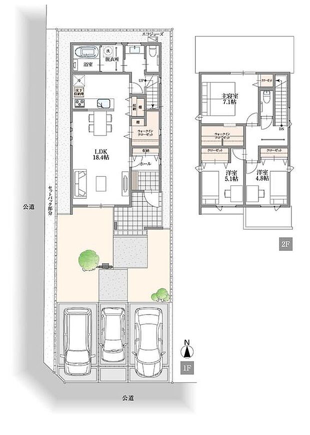 【3LDK】18.4帖の広いLDKとリビング階段で、自然と家族が顔を合わせる機会が増える温かい間取りです。キッチン横の収納スペースはパントリーとして優秀で、食品ストックや掃除道具をサッと隠せるため、急な来客時でもリビングを綺麗に保てます。