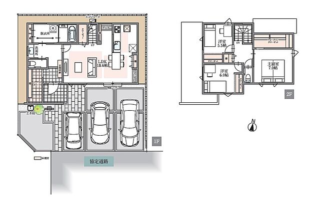【No.6 間取り図】
18.6帖のLDKを備えた3LDK。玄関のシューズクロークや主寝室のウォークインクローゼットなど、収納も充実。駐車スペースは並列3台分です。