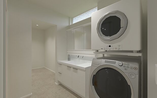 【No.3号棟 洗面所（※CG）】洗面とランドリースペースをゆったり確保。朝の支度や家事が同時にでき、忙しい時間帯もスムーズ。洗う・干す・たたむが一箇所で完結する家事ラク設計です。