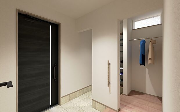 【No.2号棟 玄関（※CG）】木目調のドアが温かみを感じさせる玄関。シューズクローク付きで、ベビーカーやアウトドア用品もすっきり収納できます。