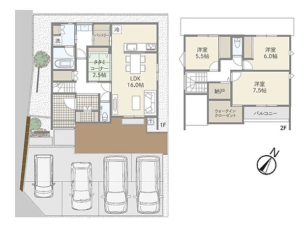 【4LDK】LDK横のタタミコーナーは、客間やお子さまの遊び場にぴったり。
キッチン横のパントリーや2階のWIC・納戸など、収納も充実しています。