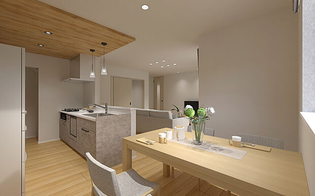 【No.3号棟　家族が集まるダイニング】キッチンとつながるダイニングで配膳もスムーズ。毎日の食卓が心地よく整い、家族の会話が自然と生まれる空間です。