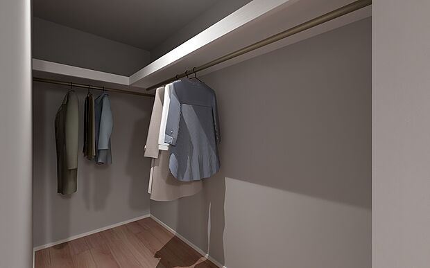 【【No.2号棟／内観完成予想図（WIC）】】主寝室に備えたウォークインクローゼット。衣類やバッグ、季節物もまとめて収納でき、寝室まわりをすっきり整えられます。