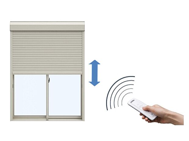 【電動シャッター(1F仕様)】シンプルなワンタッチ操作で、毎日のシャッターの開け閉めをリモコン1つで簡単に操作できます。さらに操作音も静かです。停電などの非常時には手動で開けることができる機能も付いているので安心です。(参考写真)