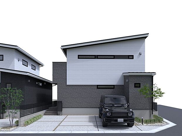 シャープなデザインとシンプルなモダンカラーを採用した外観。さらに駐車3台以上のゆとりある駐車計画と、LDKに隣接した庭付き設計で、暮らしの自由度を拡張。