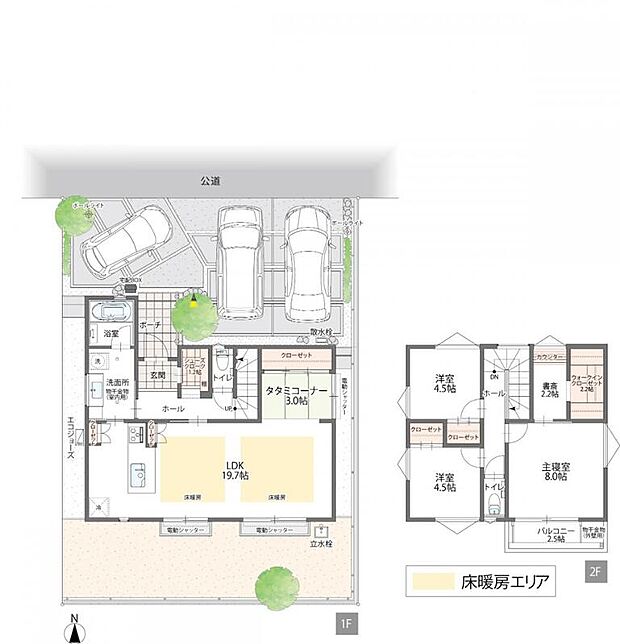 【B-2】LDK19.7帖に加え、タタミコーナー3帖が隣接。広い空間で家族の時間を満喫できます。玄関から水回りへ直行できる動線や、駐車3台分のスペースも魅力です。