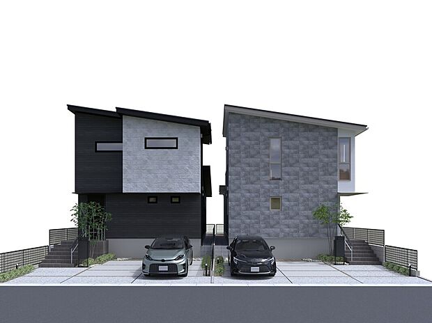 白・黒・グレーを基調としたシンプルな外観が、街並みにすっとなじむ全2棟の分譲住宅。 無駄を省いたデザインは、年月を重ねても飽きが来にくく、家族の暮らしに自然と寄り添います。 