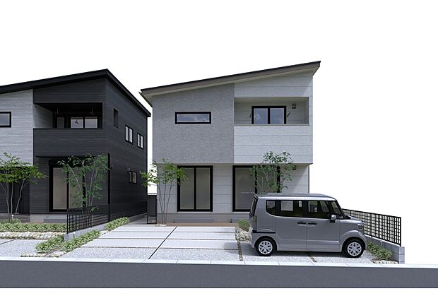 No.5 完成予想図CG（外観）
駐車スペース3台。道路から玄関が見えないインナーポーチ。プライバシーに配慮したエクステリアプランの家。