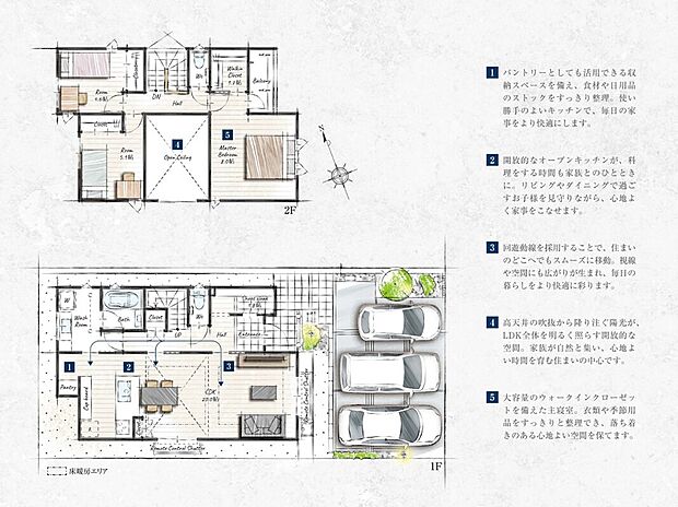 No,9　間取り図
駐車3台・20帖LDK（吹き抜け）・多彩な収納と動線で
広く感じる家です。