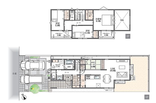 【4LDK+3S】玄関からキッチンへ、パントリーでつながる「ダイレクト動線」の家。吹き抜けのある19.0帖LDK。お家の中を広く、明るく、快適に。空間を活かした設計が魅力の家です。