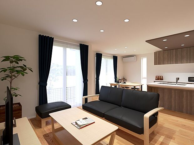 【【No.05】リビング・ダイニング】大きな窓から光が差し込む明るいリビング・ダイニング。シンプルで落ち着いた空間は、家族が集まり会話やくつろぎを楽しめる場所です。