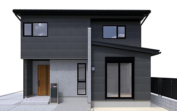 シャープでモダンな外観が目を惹くNo.1。外壁はダークグレーをベースに、一部にライトグレーのアクセントウォールを大胆に配置し、都会的で洗練された佇まいを演出しています。