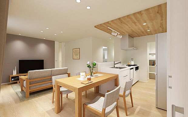 【No.2　ダイニングパース】家族が集う場所を最優先に考えた、機能的な3LDKプラン。LDKは約17.9帖の開放的な空間。キッチンはダイニングと横並びで、家事の時短につながる効率的な動線設計です。