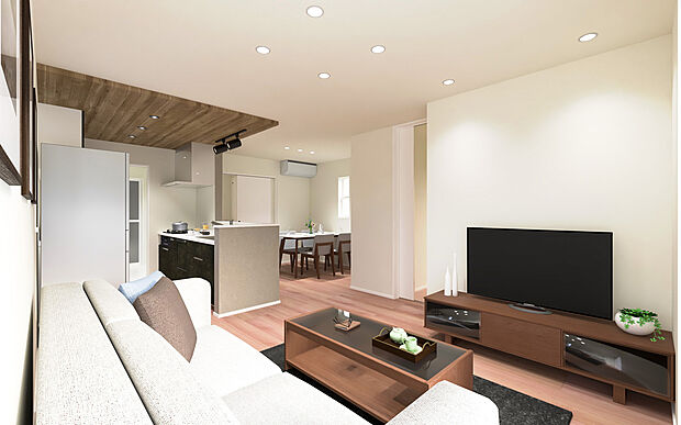 【No.2　LDKパース】家族の絆を深めるLDKは、ゆとりの16帖超えを確保。温もりのある木目と柔らかな色調を基調とした、心地よいデザイン空間です。