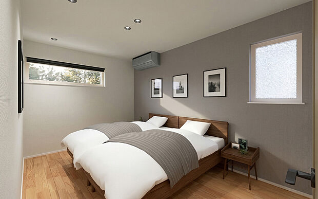 【No.2　主寝室】グレーのアクセントクロスが洗練された印象を与える主寝室は、一日の疲れを癒やすのにふさわしい落ち着きのある空間です。枕元にあたる壁面には、プライバシーを確保しながら光を取り込める小窓を配置。