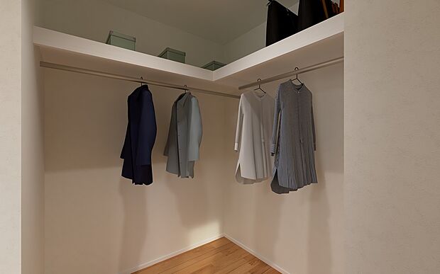 【B-3】
便利なWICを完備。枕棚には、オフシーズンの布団や、箱に入れた靴、旅行用バッグ、頻繁には使わない小物などを収納でき、空間を立体的にフル活用できます。