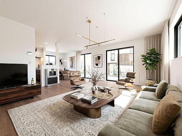 大きな窓から自然光が降り注ぐ、開放的なリビング。洗練されたデザインと広々とした空間で、家族の会話が弾む豊かな毎日を育めます。※家具等CG加工があります。