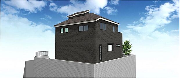 【完成予想図(外観)】スタイリッシュな黒い外壁が目を引く、モダンデザインの邸宅です。周囲のブロック塀がプライバシーを守り、お子様が安心して遊べる、家族の笑顔が溢れる暮らしを叶えます。