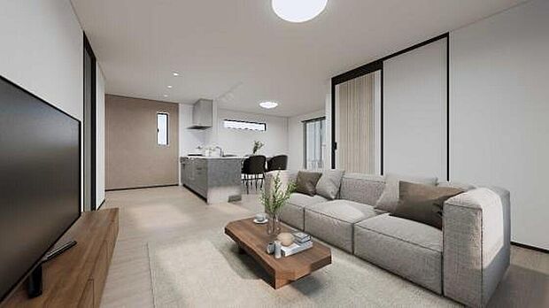 完成予想図(内観)
LDKが一体的に広がる間取りで、家族のコミュニケーションが取りやすいレイアウトです。