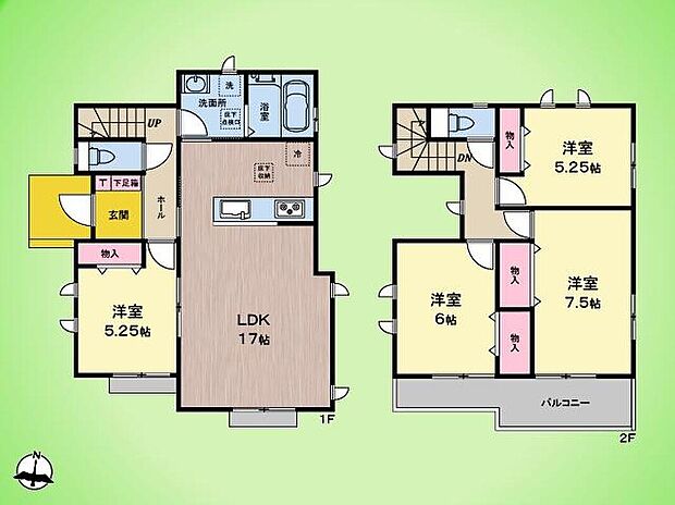 17帖の広々LDKを中心に、洗面所へも廊下からスムーズにアクセス。対面キッチンで家族との会話も弾みますね。全居室収納や床下収納完備で、スッキリ心地よい新生活が楽しみです。