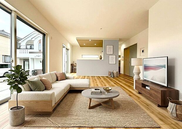 【リビング】リビングからキッチンまで、遮るものなく視線が抜ける開放的な間取り※画像は実際の室内写真をもとに、家具・調度品の配置例をCG合成したもので、実際とは多少異なります。また、家具等は販売価格に含まれません。