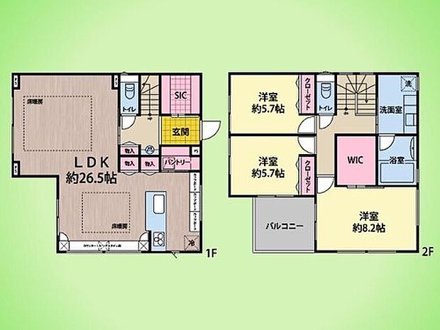 26.5帖の広々LDKが魅力のゆとりある間取り。SICやパントリー、2階のWICなど収納も充実し、家中すっきり保てます。水まわりを2階にまとめ、バルコニーへの動線もスムーズな家事ラク設計です。