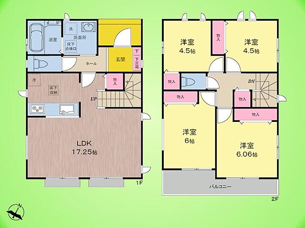 A号棟：2階に4部屋あるので、お子様の個室や趣味の部屋もゆったり確保。1階の広いLDKは、自然と家族が集まる温かな中心地になります。全居室に収納があり、お家の中がスッキリ片付きますね。