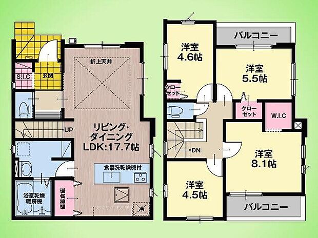 2号棟:リビングの一部に折上天井を採用し、縦への広がりを感じる開放的なLDKに。やさしい光に包まれた心地よい空間は、家族が自然と集まる憩いの場所になります。