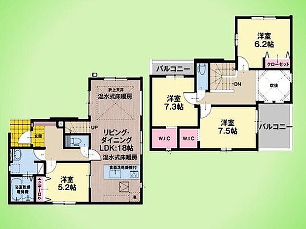 【4LDK】広々とした約18帖のLDK。2階への階段はLDKにあり、自然とご家族のコミュニケーションが生まれる間取りです。LDKと続き間になった洋室は、多目的な使い方が可能です。バルコニーが2か所あります!
