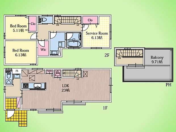 【2LDK+S(納戸)】LDKは約23帖と広々としています。リビングに2階への階段があり、自然と家族のコミュニケーションを育みます。2階に浴室があり、入浴後すぐに寝室で休むことができる間取りです。スカイバルコニーは約9.7帖と暮らしの中に豊かさをもたらします。