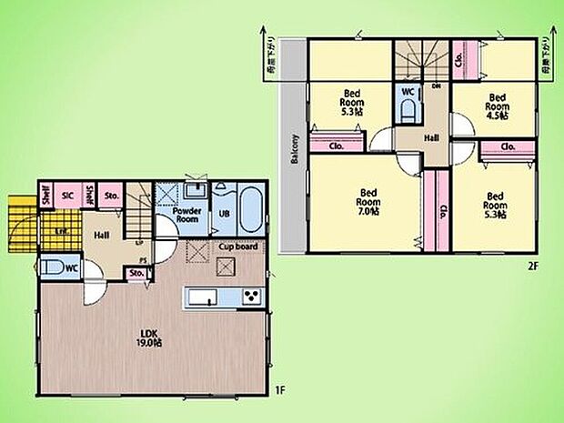 【4LDK】2階の全居室にクローゼットを完備した、収納力にゆとりある設計。主寝室は7帖の広さを確保し、プライベートな時間もゆったり過ごせます。バルコニーへ繋がるお部屋もあり、光と風が通り抜ける快適な住空間です。