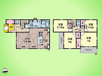 2階の4部屋すべてにクローゼットを完備。廊下にも収納を設けるなど、家中が整いやすい工夫が満載です。7帖の主寝室はバルコニーに面しており、朝日を感じながら爽やかに一日をスタートできる空間です。 